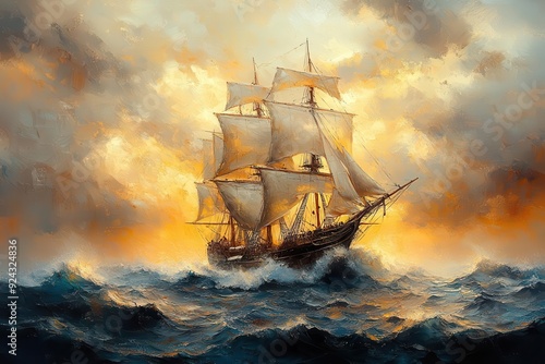 maritime masterpiece majestic sailing ship on turbulent sea billowing sails catching golden light dramatic stormy sky impressionistic brushstrokes rich oil paint texture