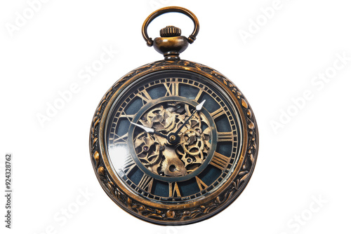 PNG Antique pocket watch with visible gear mechanism and Roman numerals displayed on a plain background