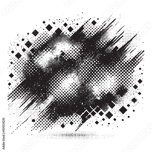 Rough grunge textured abstract dirty black geometric noise half tone rhombus pattern on white background. Vector isolated dynamic grungy halftone rhombus, brush strokes, lines. Element. Trendy design.