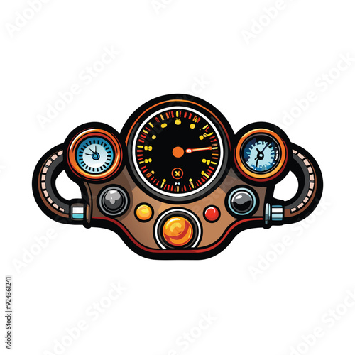 Vector illustration of a motorcycle dashboard with a speedometer, fuel gauge, and other controls.