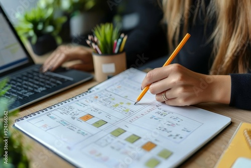 woman hand writing with pencil planning event on notebook. Job schedule, event planning, to do list and reminder, E-learning. Woman working on laptop and taking note on office desk, Generative AI