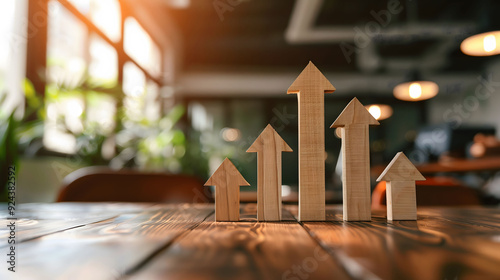 Wooden Up Arrow Bars Above Table Indicating Profit or Improvement in Business, Blurry Background with Copyspace