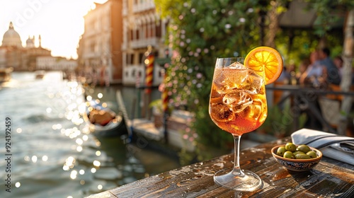 Classic Aperol Spritz with an Orange Slice at Sunset