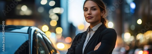 Confident Businesswoman Standing in Urban Setting at Night