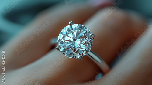 A sparkling solitaire diamond engagement ring on a finger.