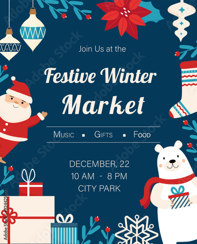 Festive Winter Market advertising poster. Christmas fair flyer with cute characters and decorative elements.