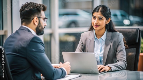 Indian HR officer performing a performance review with an employee. 