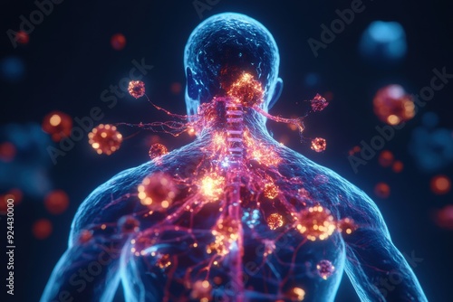 A digital representation of cancer metastasis within the human body is shown, integrated with innovative biotechnological tools. 