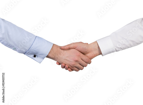 Closeup of two people in formal shirts shaking hands on a white background. Concept of agreement, partnership, or business deal