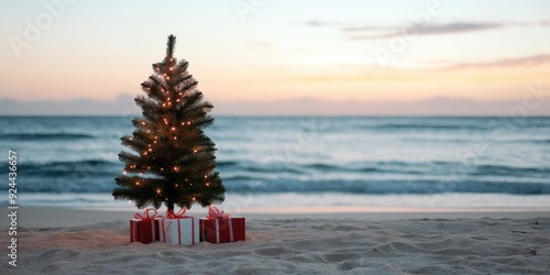 A decorated Christmas tree and presents on the beach in Australia