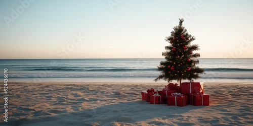 A decorated Christmas tree and presents on the beach in Australia