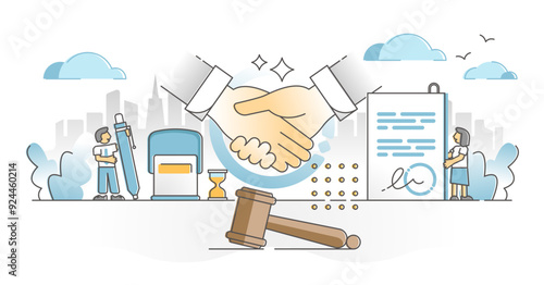 Signing contract with legal document, gavel and handshake outline concept, transparent background.