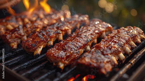 father with little son grilling ribs and vegetables on grill during close up summer garden party unrecognizable