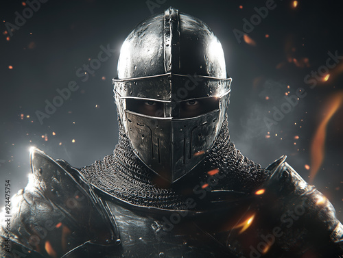 A medieval knight in full armor wearing an iron helmet look forward to battle field, 