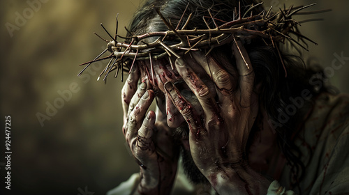 Suffering man with crown of thorns and blood-covered hands against a dark blurred background. Concepts of sacrifice, pain, and religious symbolism.