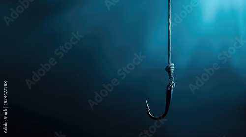 Single fishing hook hanging from a rope in deep blue underwater background. Concepts of fishing, marine activities, and aquatic environments.