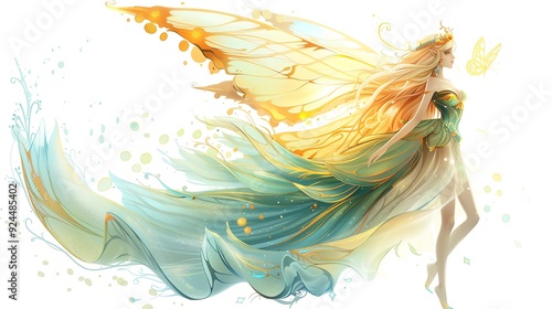 A beautiful, ethereal fairy with golden wings and a flowing green dress, gracefully soaring through the air.