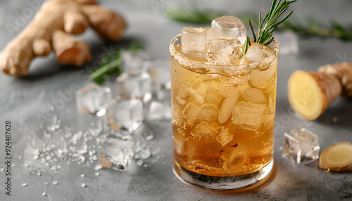 Glass of tasty ginger ale with ice cubes and ingredients on grey table