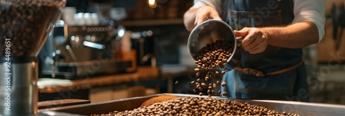 A scene of coffee beans being poured into a roasting machine by a barista in a cafe, emphasizing the roasting process and fresh coffee preparation.