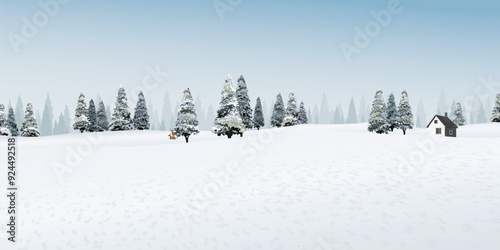 Minimalist snowscape with cottage and pine forest graphic illustration. Merry Christmas and Happy New Year greeting card template have blank space.