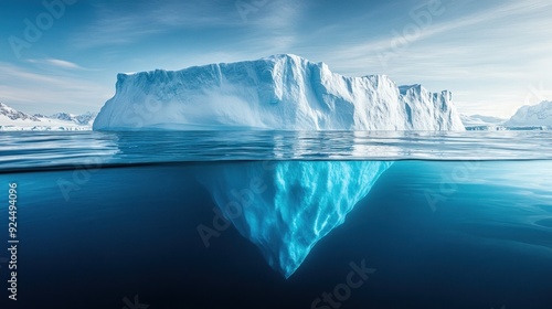 Wide iceberg showing more below water in clear ocean