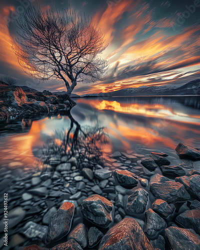 amazing landscape with tree at sunset, AI generated image