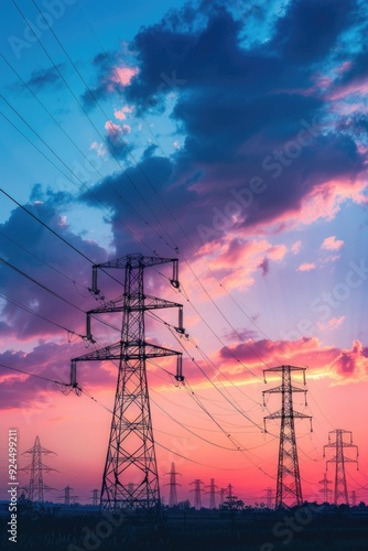 Power transmission lines at sunset with a scenic backdrop