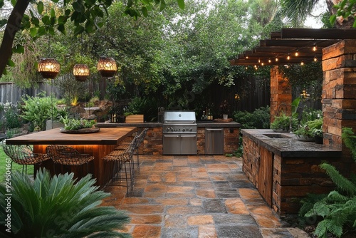 Modern outdoor kitchen featuring stainless steel grill and wooden cabinets in luxurious backyard setting