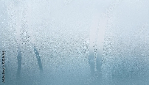 closeup view capturing the intricate condensation of fog on a window glass surface, showcasing the delicate patterns and textures formed as moisture interacts with the cold glass, creating a misty eff