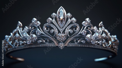 Diamond-Encrusted Silver Tiara with a Large Center Stone