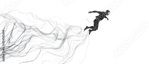 One line art capturing a base jumper leaping from a cliff with soaring lines and intensity