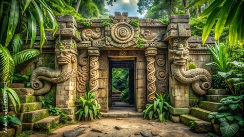 Intricately carved stone pillars, adorned with serpents and mystical symbols, line the entrance of an ancient Mayan temple, surrounded by lush tropical foliage and vines.