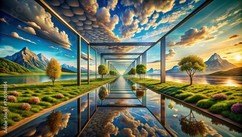 Surreal landscape with multiple vanishing points, contradictory perspectives, and paradoxical elements, challenging the viewer's perception and blurring the line between reality and illusion.