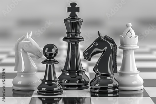 Classic chess setup on a monochromatic board with chess pieces