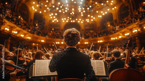 Classical Orchestra Performing in a Grand Concert Hall with Golden Lights, Emphasizing the Elegance and Grandeur of Live Symphonic Music