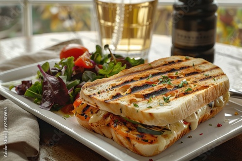 A grilled sandwich served with a fresh salad and a drink, perfect for a light meal.