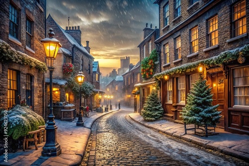 Dickensian Christmas: Historic, atmospheric, gaslight, muted colors, cobblestone streets.