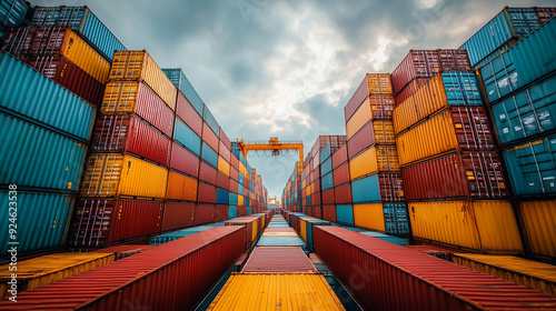 Global Trade: A sea of colorful shipping containers, stacked high and reaching towards the sky, symbolizes the vastness of global trade and the interconnectedness of our world. 