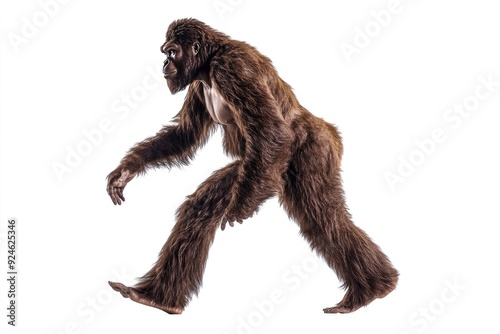 A hairy bipedal primate walking on a white background