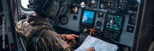 A pilot in military uniform studying a blueprint inside an advanced airplane cockpit, with multiple screens and controls around him.