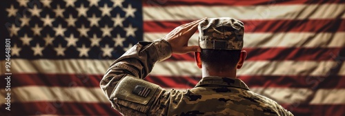 A soldier in military uniform salutes the American flag. The background is the national flag of USA, symbolizing pride, patriotism, and respect.