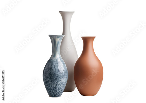 three ceramic vases isolated on a transparent or white background