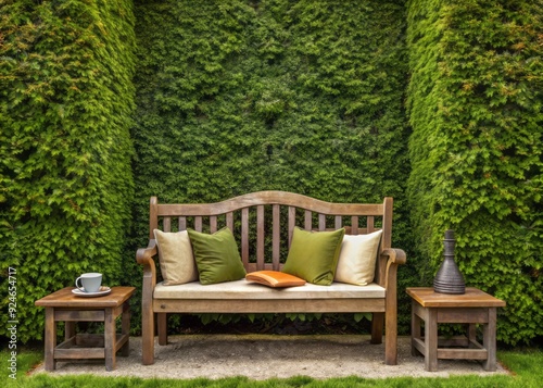 Cozy reading nook nestled behind a tall privet hedge with a distressed wooden bench