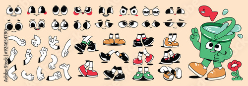 Set of 70s groovy comic vector. Collection of cartoon character faces in different emotions, sad, happy with hand, shoes. Cute retro groovy hippie illustration for decorative, sticker.