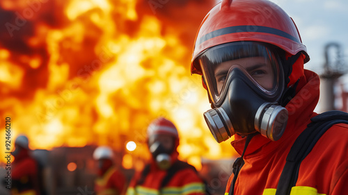 A close up of emergency responders at a gasoline plant explosion with flames in the background and firefighters working to control the blaze 