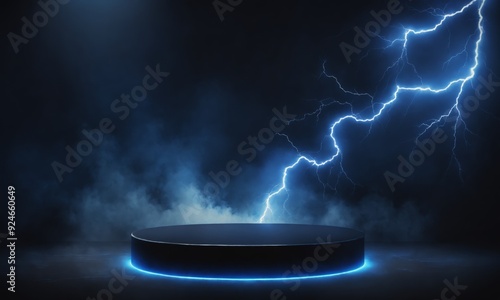 Black podium with blue neon light and lightning bolt backdrop