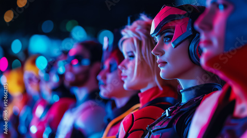 A group of cosplayers participating in a costume contest on stage showing off their detailed outfits to a cheering crowd 