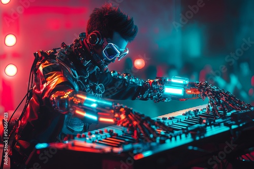 Cyberpunk musician with bionic arms playing a futuristic instrument on a neon-lit stage. The arms have musical enhancements, glowing with the beats. The audience, a mix of humans and cyborgs