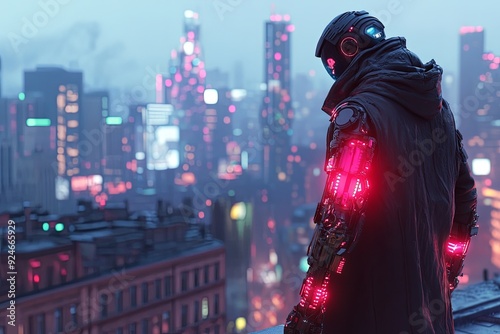 Cyberpunk vigilante with bionic arms perched on a rooftop, overlooking the city. The heavily modified arms have integrated weapons and tools, glowing ominously.