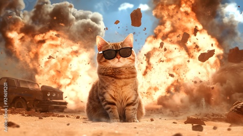 Cat Wearing Sunglasses Amidst Explosion.